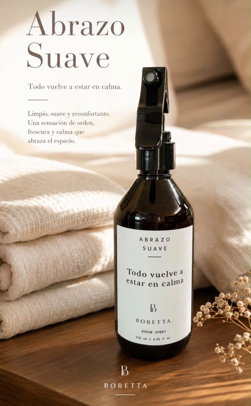 Room spray Abrazo Suave de Boretta, frasco ámbar con etiqueta "Todo vuelve a estar en calma"