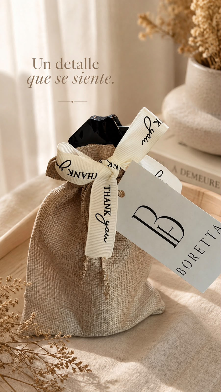 Bolsa de regalo de yute con listón y etiqueta con el monograma B de Boretta
