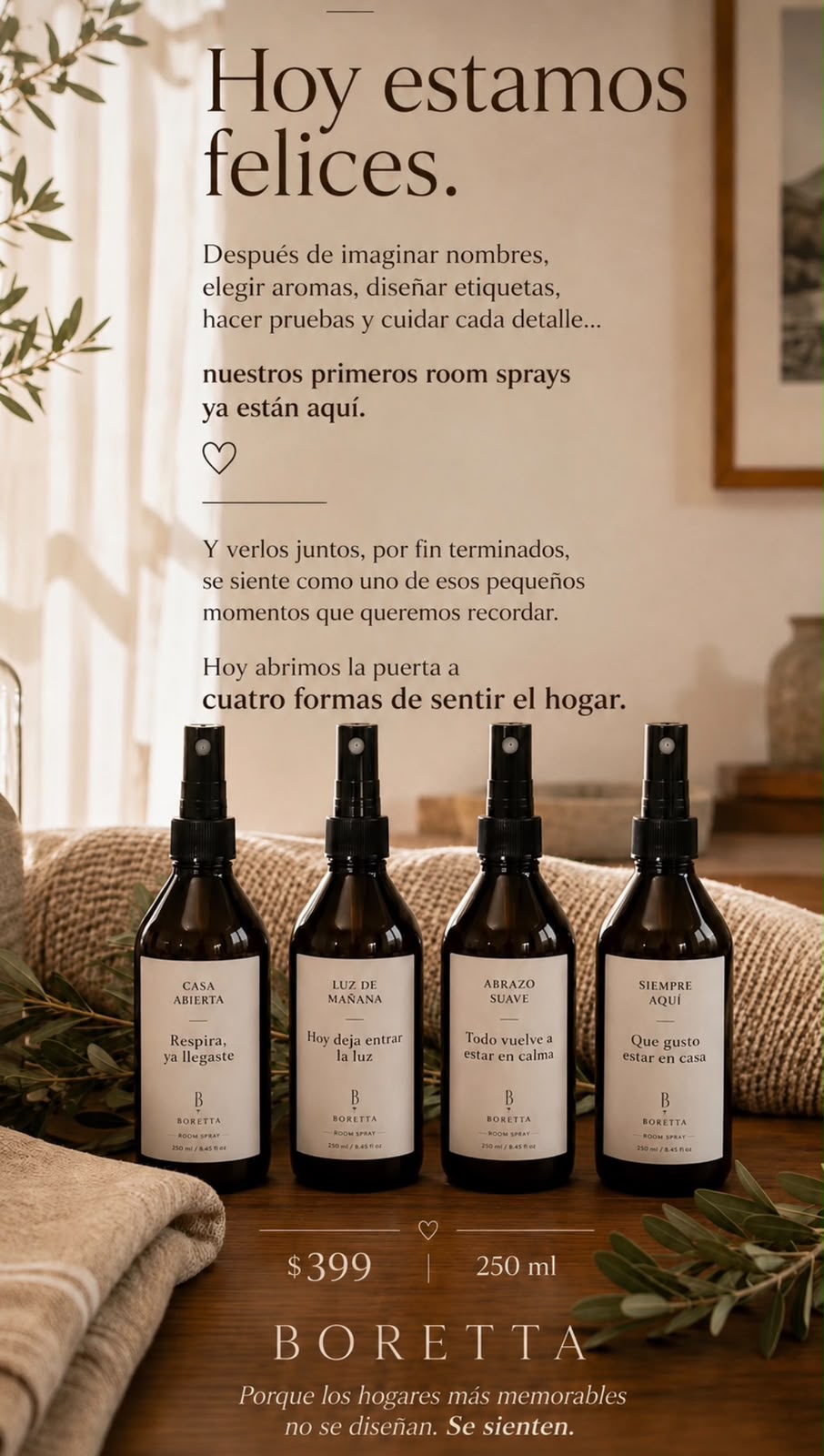 Los cuatro room sprays de la edición inaugural de Boretta juntos